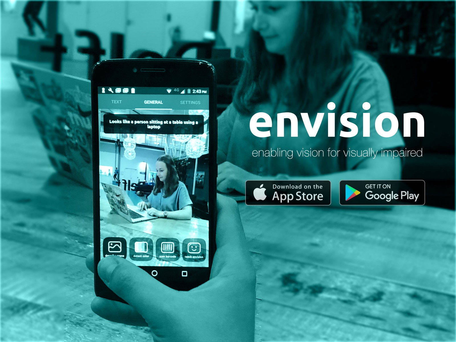 A person using the Scene Description function of Envision on an Android Smartphone