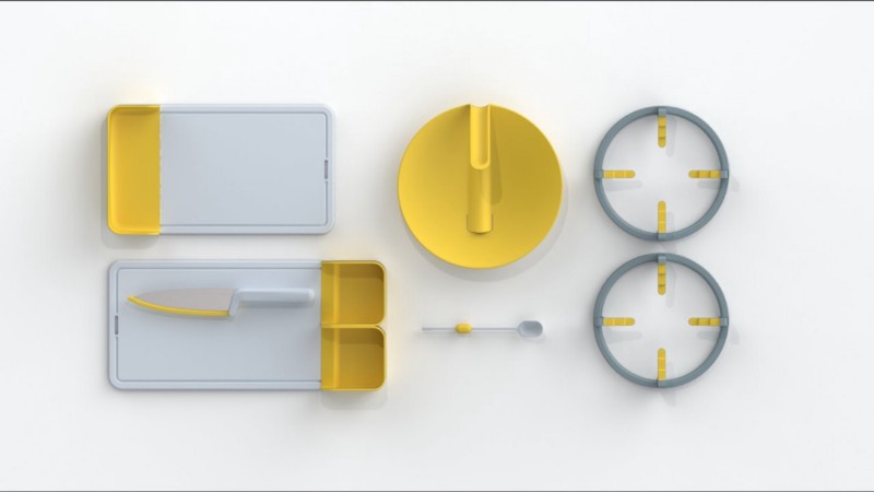 Folks Kitchenware (from left to right clockwise): chopping board side tray, pot lid, stove ring, buoyant teaspoon, knife with retractable guards placed on chopping board.