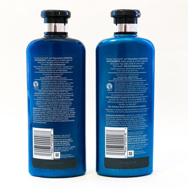 Herbal Essences shampoo and conditioner bottles.