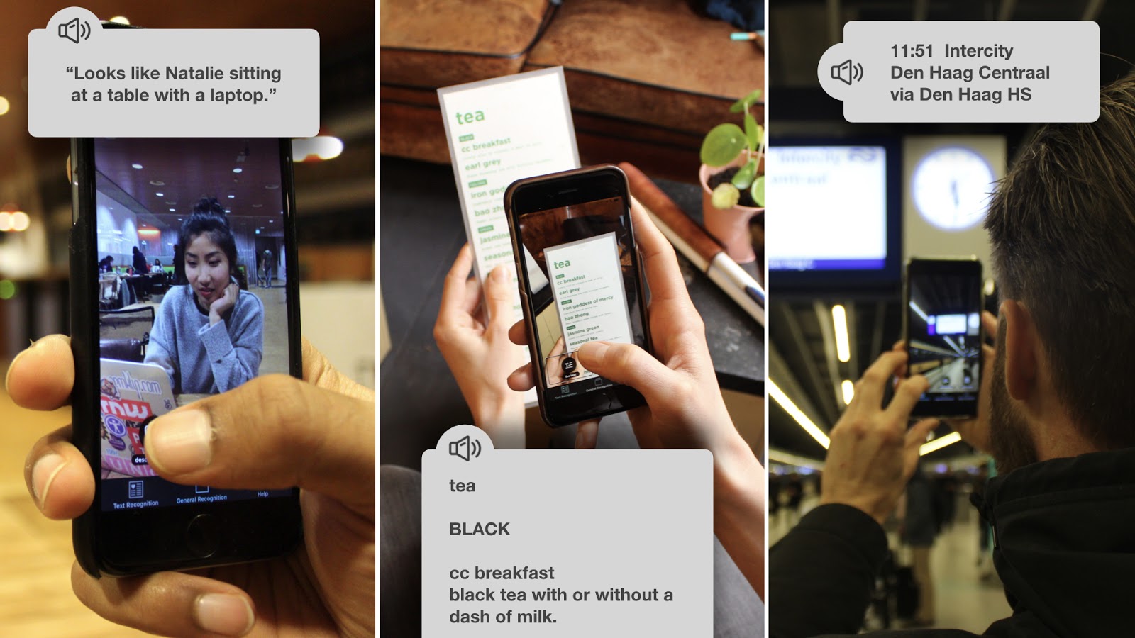 Three screenshots using Envision, starting from left to right: Envision is describing a scene, Envision is scanning a menu card, Envision reads in real time the timetable at a train station.