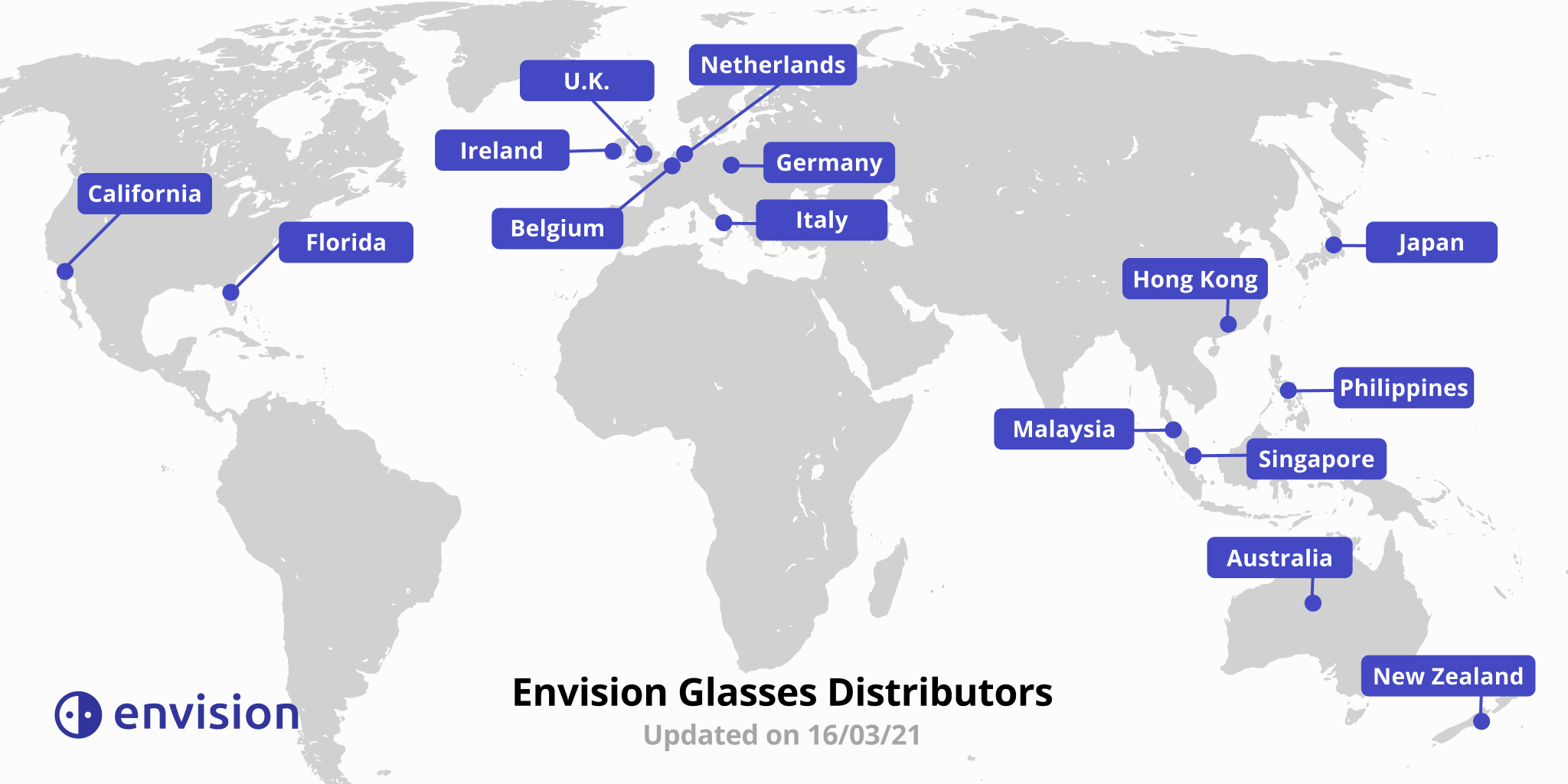 Worldmap showing the different distributors pinned all over the world.