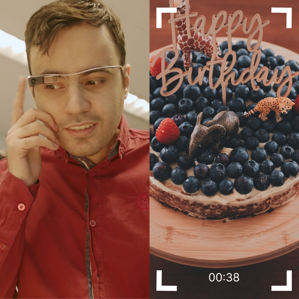 Split screen showing a person using videocalling with the Envision Glasses on the left and the output of the video of a cake on the right.