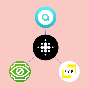 Illustration showing the integration of Envision with Aira, Cash Reader and Blind Square.