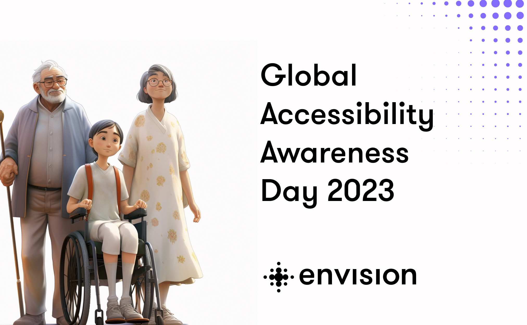 Image with 3 people on it with a heading to the right with text saying reading "global accessibility awareness day 2023". The image also features a logo of Envision