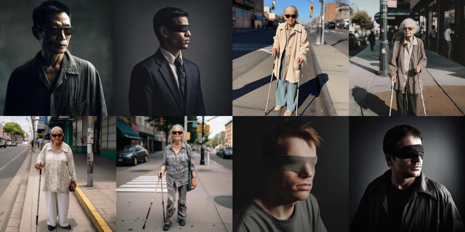 Collage of AI generated images of a few different blind people, either holding a cane or blindfolded.