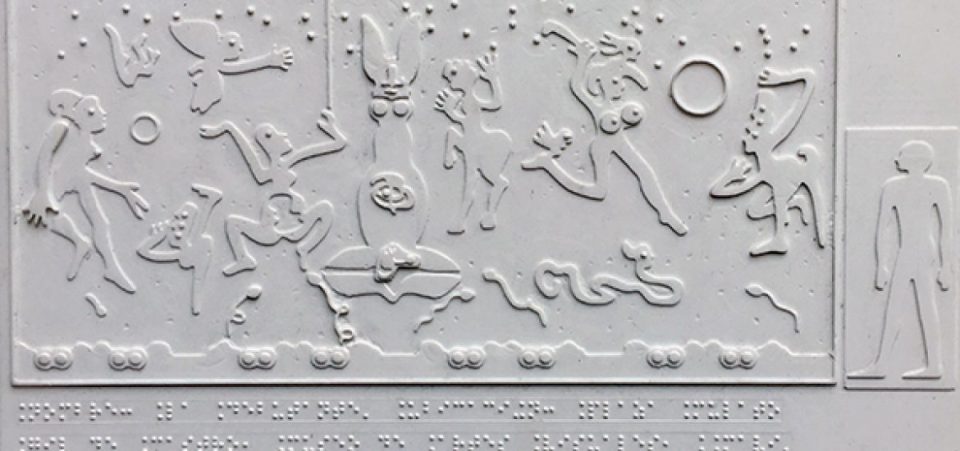 Hands on the wall mural in chile. A tactile diagram with raised illustrations and Braille text. The left side displays various sports activities including soccer, basketball, and gymnastics. The right side shows a figure standing next to a depiction of splashing water and swimming figures