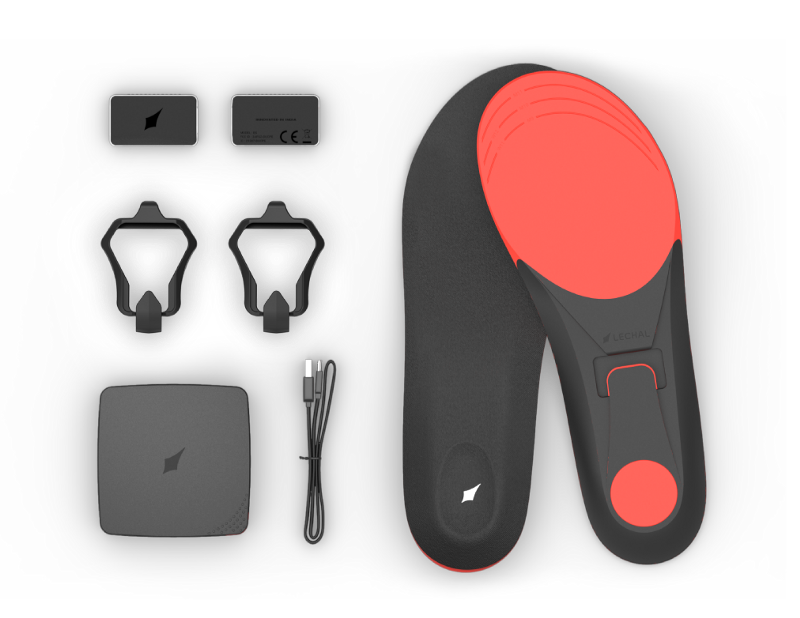 Image showcases the products of Lechal insoles. Battery pod (left top), buckles (left middle), charger , usb cable (left bottom) and insoles (right)