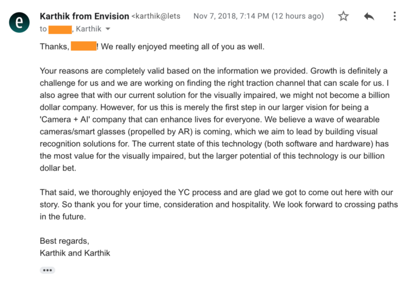 A screenshot of the email sent by Karthik as an answer to the Y Combinator. You can find a readable link in the caption.