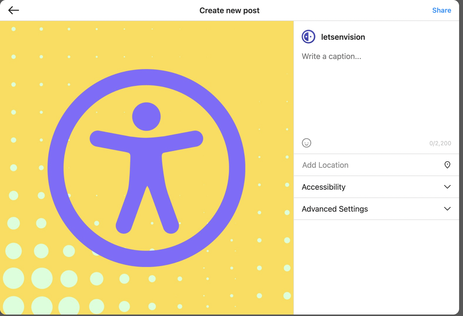 A screenshot of a 'Create new post' page on Instagram. On the right it shows options to add location, toggle accessibility options and toggle advanced settings.
