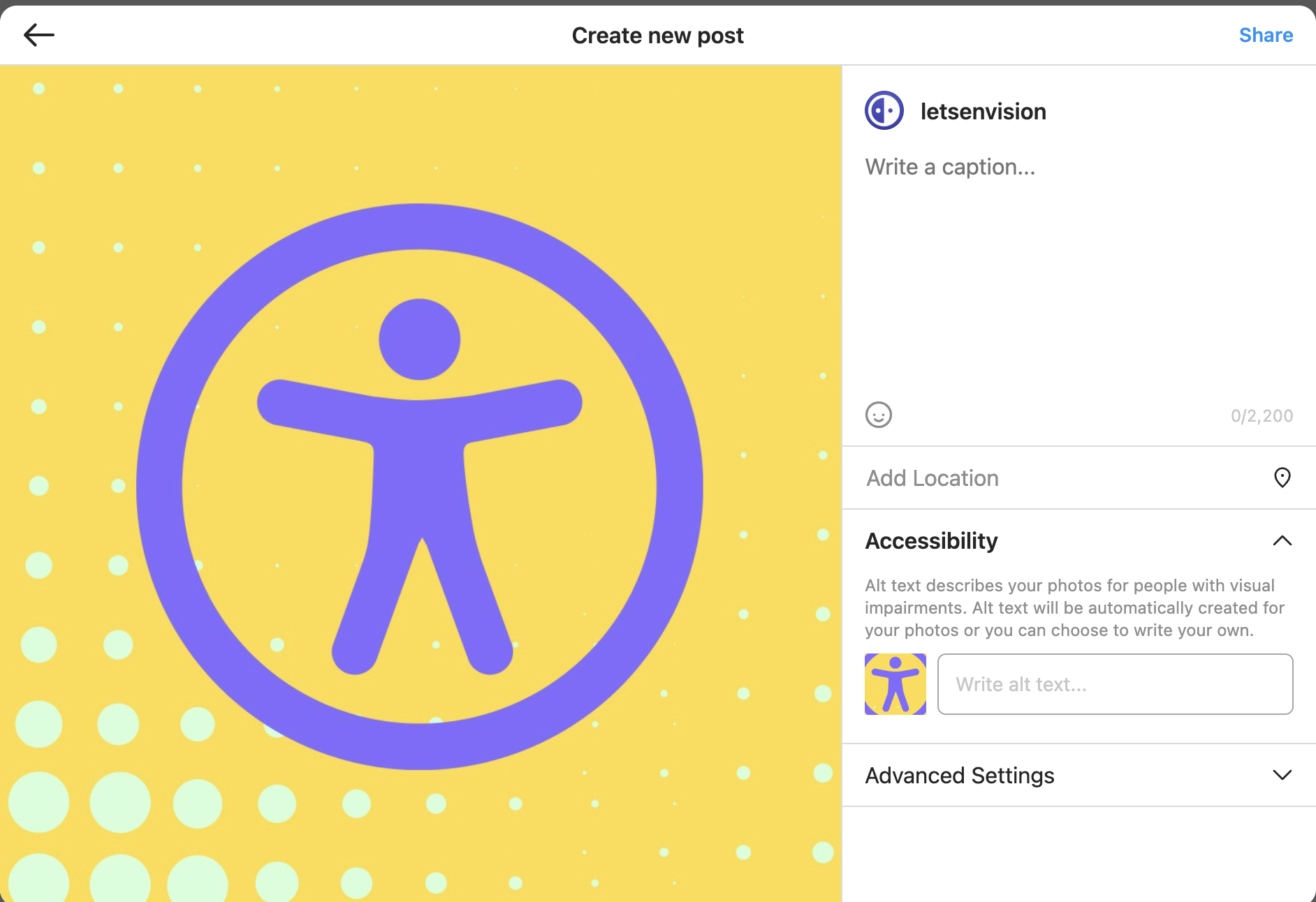 A screenshot of a 'Create new post' page on Instagram. On the right it shows the toggled accessibility option to add alt text.
