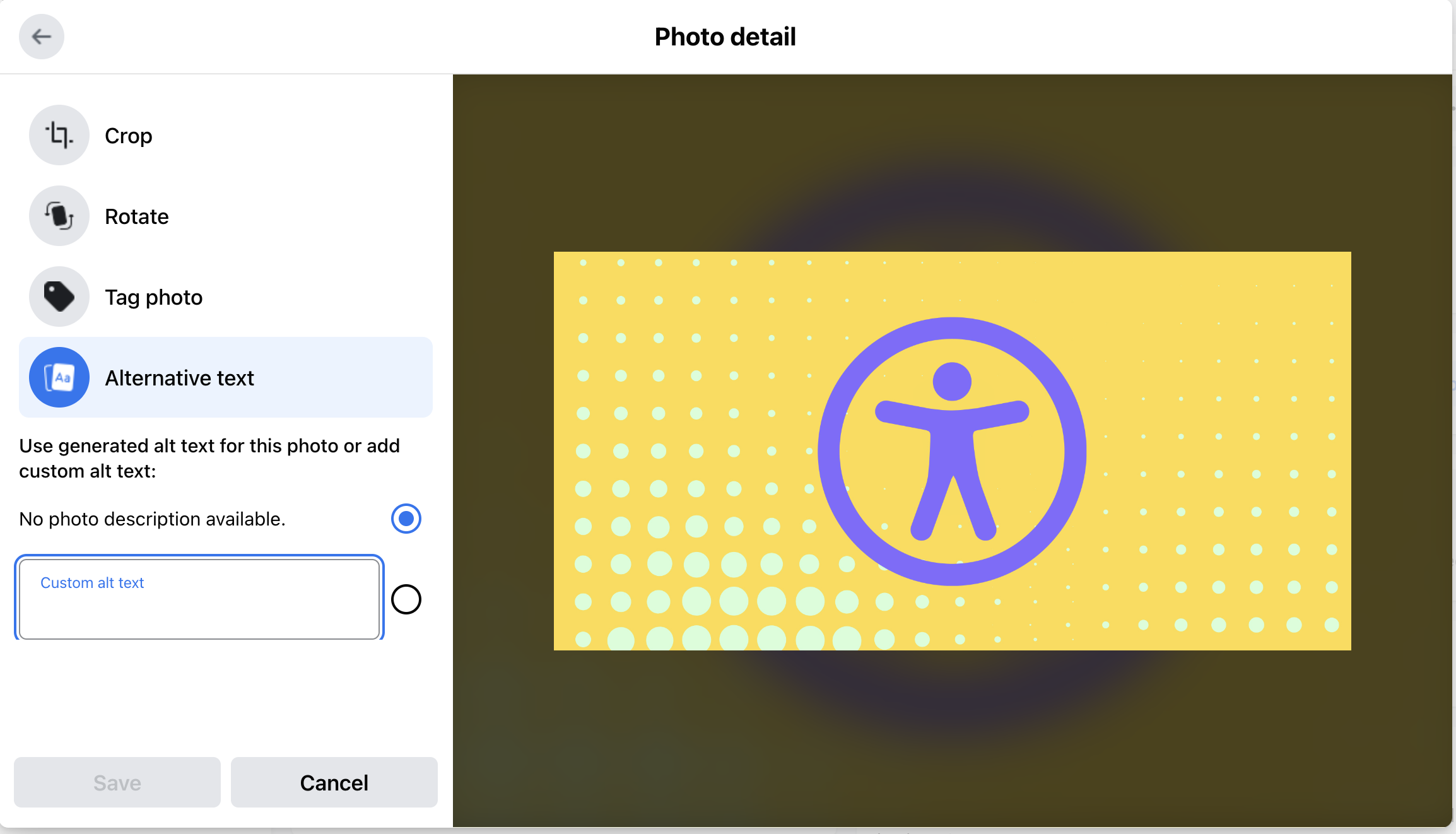 A screenshot which shows where you can find the option of adding alt text when posting to facebook. The example picture used for this post is drawing of a logo representing accessibility; a stick figure in a circle.