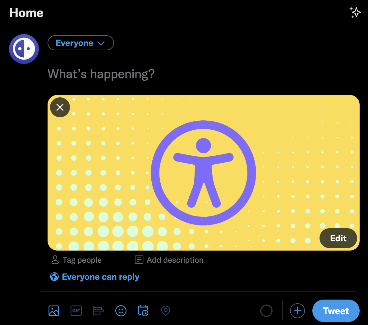 A screenshot of composing a tweet with a logo that represents accessibility in the form of a stickman in a circle. There is a "tweet" button at the right bottom corner.