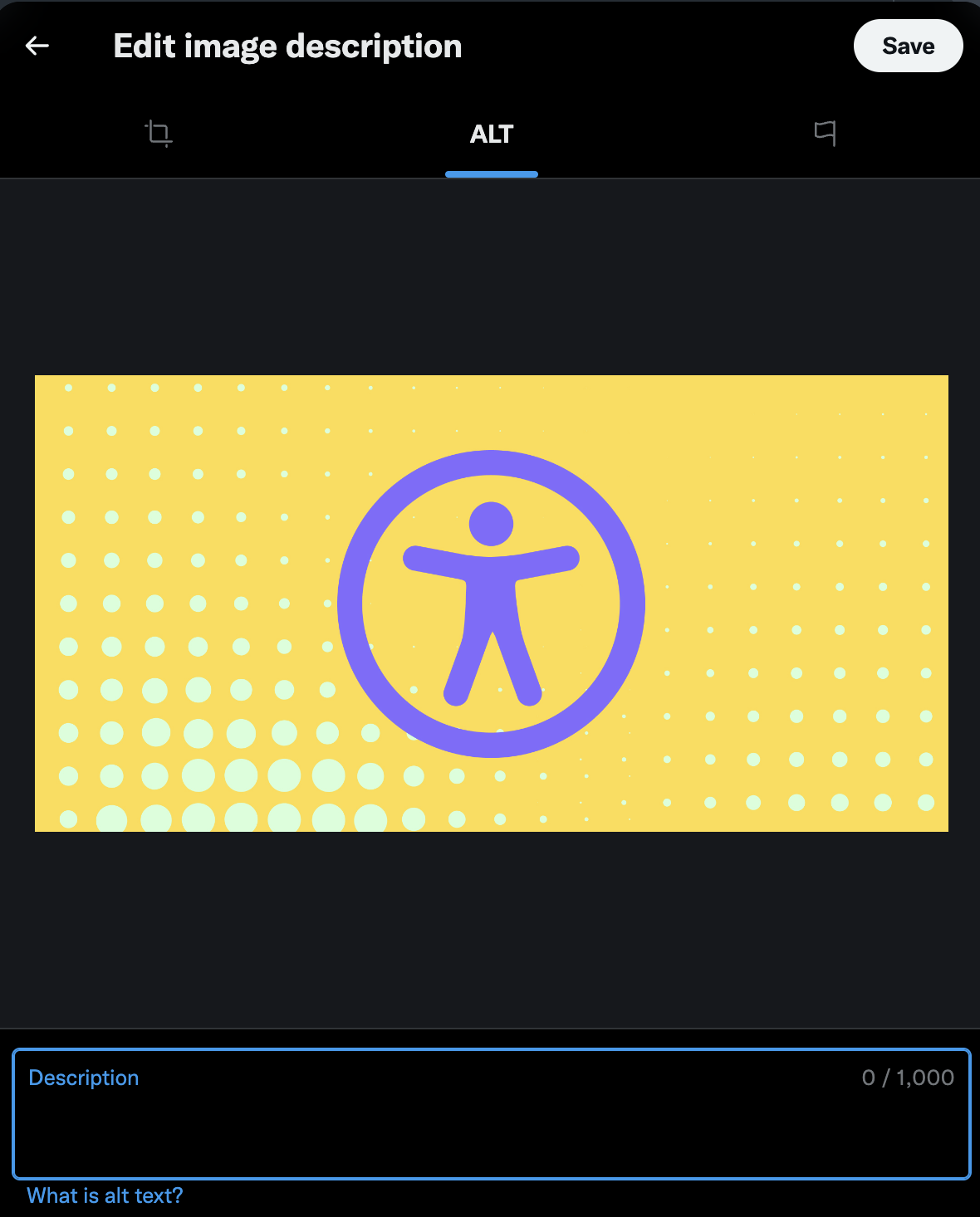 A screenshot of an "edit image description" page with a picture of a logo and the option "Alt" selected. There is a "save" button in the top right corner.