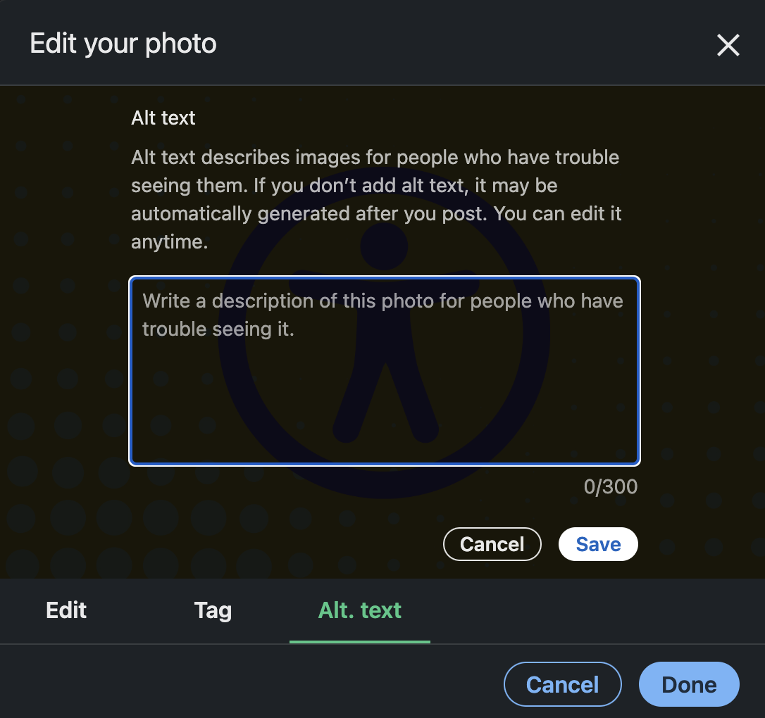 A screenshot of an alt text box and the buttons cancel and save at the bottom.  