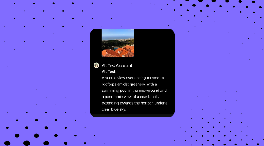 A digital mockup featuring Envision's Alt Text Assistant interface with an image of a coastal city view, against a purple background with dot patterns.