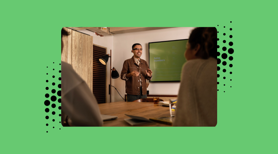 Parham doudstar wearing the envision glasses and giving a presentation at work