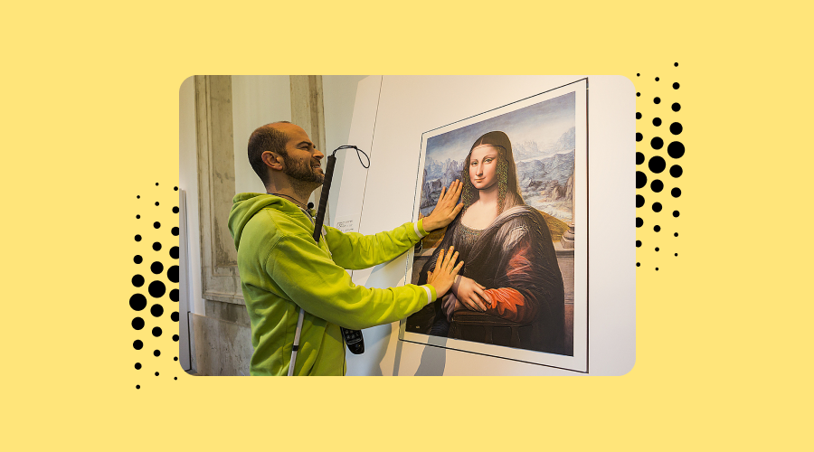 A Visitor enjoying the touching the prado exhibit at the museo del prado in barcelona